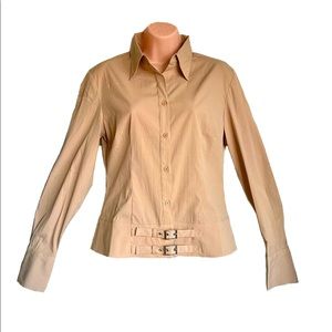 Long sleeve Tan dress blouse with buckle details button down collared Size M
